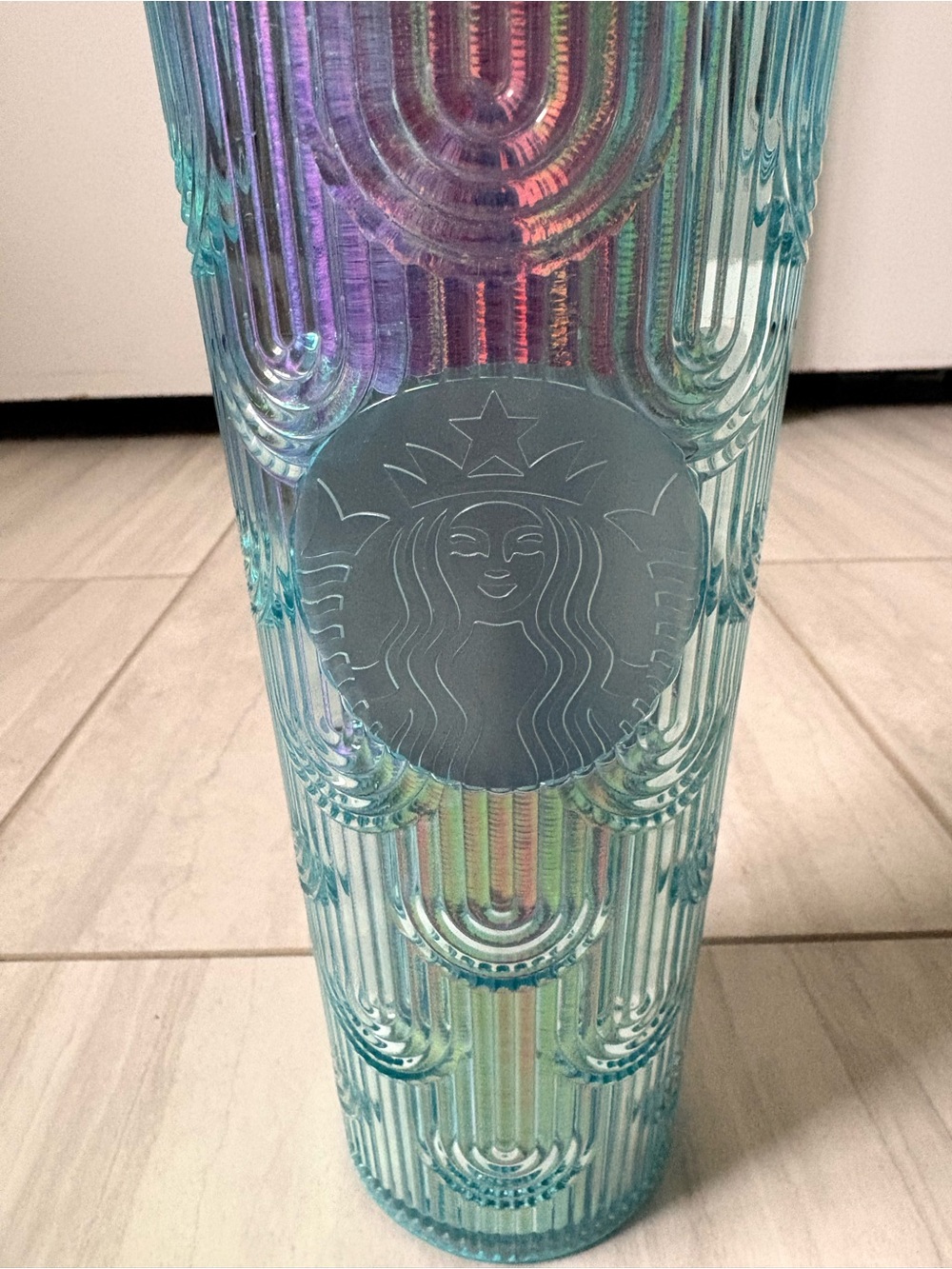 Starbucks 24oz Aqua Blue Iridescent Ribbed Cold Cup Tumbler Siren no straw - Picture 3 of 6